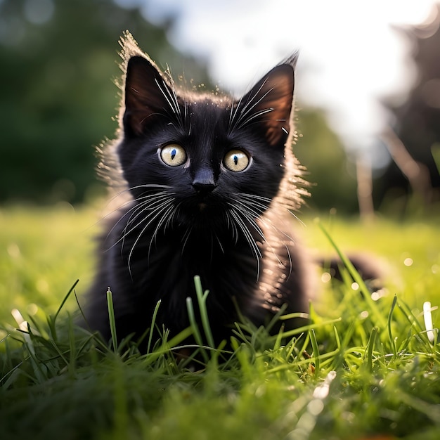 Un gatto carino su un terreno erboso
