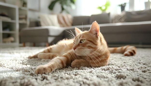 Un gatto carino sul tappeto del soggiorno.