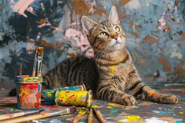 Un gatto carino un artista macchiato di vernici seduto vicino al cavalletto e ai pennelli in un laboratorio d'arte