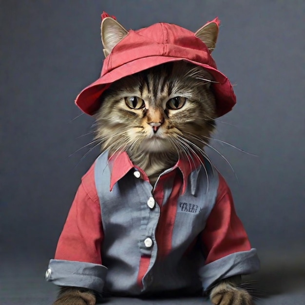 Un gatto carino vestito con un cappello rosso e una camicia