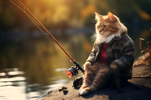 Un gatto carino vestito da pescatore cattura pesci con una canna da pesca sul fiume