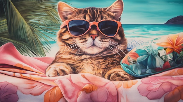 un gatto carismatico abbraccia la vacanza sdraiandosi su un vivace telo da mare Indossando occhiali da sole eleganti che trasudano attitudine il felino si diverte nel tempo libero sorseggiando una piccola bevanda tropicale