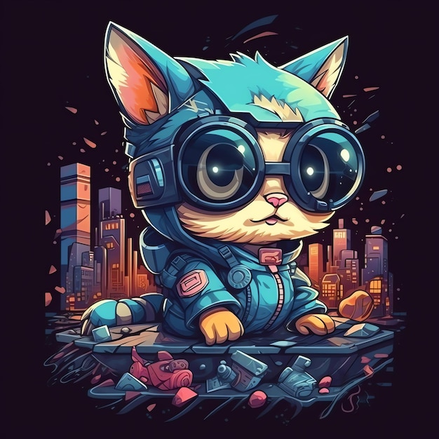 Un gatto cartone animato con giacca blu e occhiali.