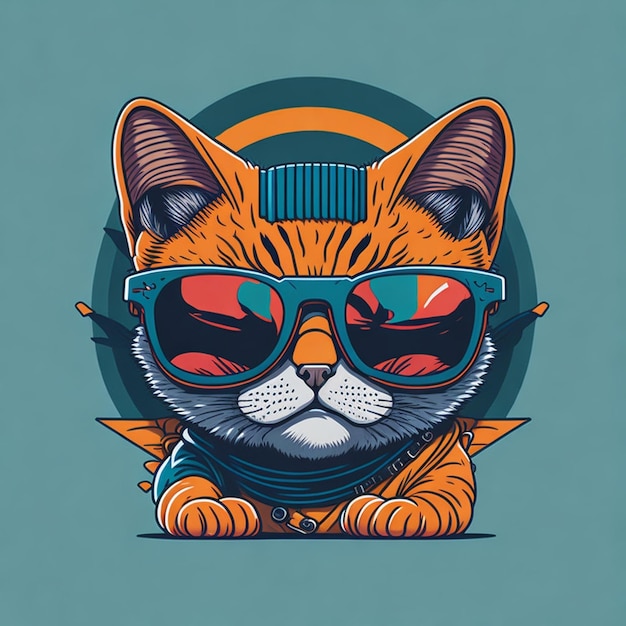Un gatto cartone animato con occhiali da sole e un cappello con la scritta "gatto".