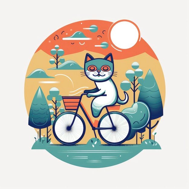 Un gatto cartone animato in sella a una bicicletta con un cesto sopra.