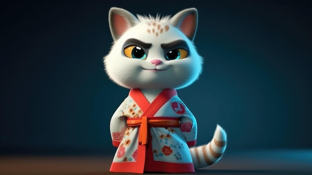 Un gatto cartone animato in un kimono con un occhio giallo.