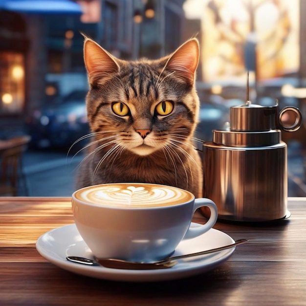 un gatto che beve caffè in un bar