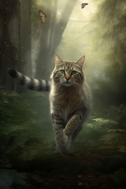 Un gatto che cammina nel bosco