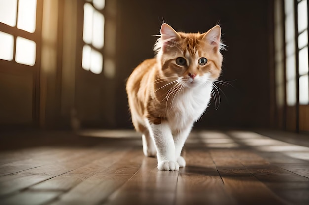 Un gatto che cammina su un pavimento di legno