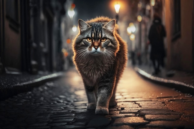 Un gatto che cammina su una strada di ciottoli di notte.