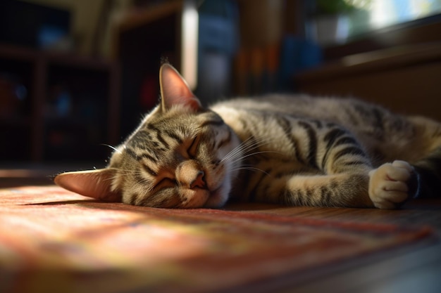 Un gatto che dorme sul pavimento al sole