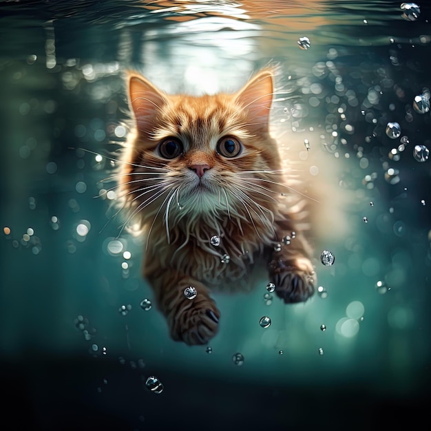 un gatto che è in acqua con bolle