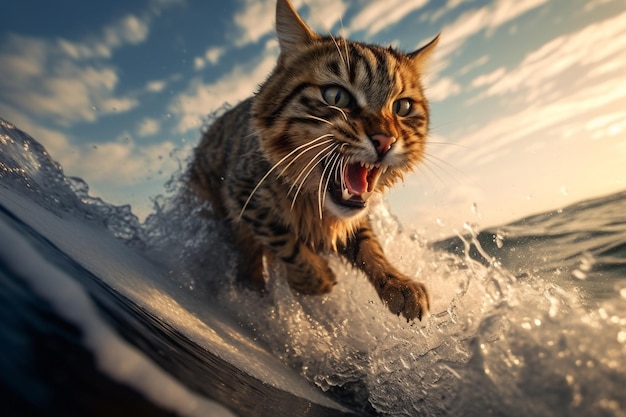 un gatto che fa surf sulle onde