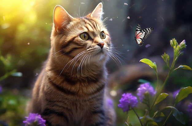 un gatto che gioca con le farfalle nel giardino IA generativa