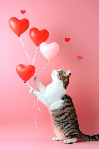Un gatto che gioca con palloncini su sfondo rosa pastello il giorno di San Valentino