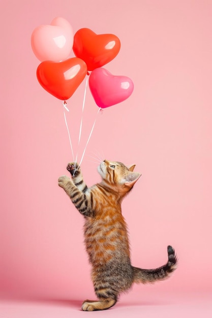 Un gatto che gioca con palloncini su sfondo rosa pastello il giorno di San Valentino