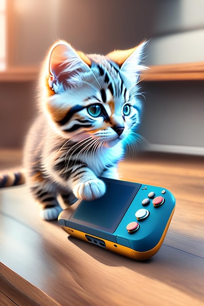 Un gatto che gioca con un controller di gioco con un controller giocattolo nella zampa.