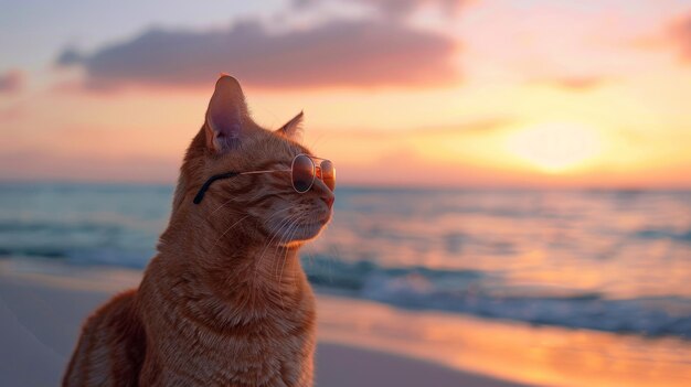 Un gatto che guarda il tramonto sulla spiaggia