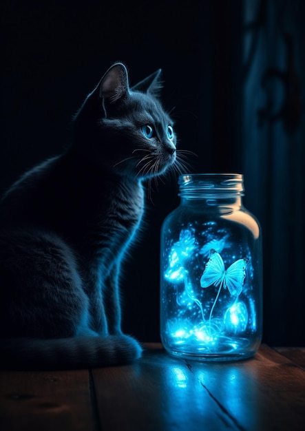 Un gatto che guarda un barattolo con una luce blu che dice "farfalla blu".