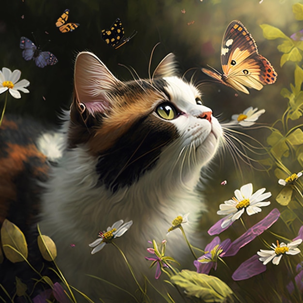 Un gatto che guarda una farfalla su un fiore.