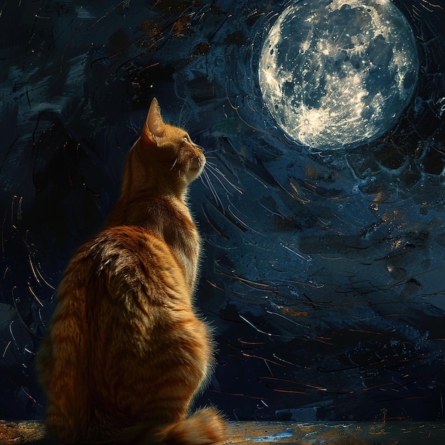 un gatto che guarda una luna con la luna dietro di lui