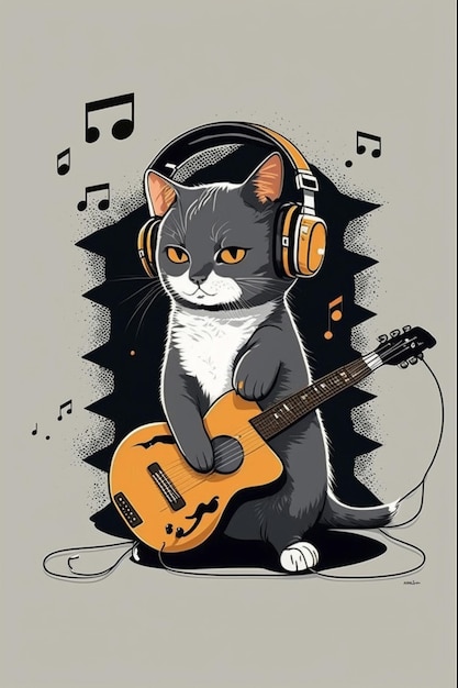 Un gatto che indossa le cuffie suona una chitarra