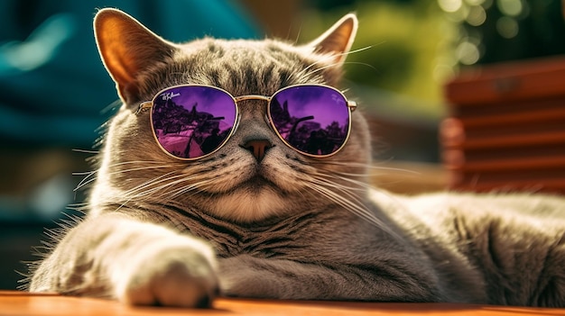 un gatto che indossa occhiali da sole con il riflesso della città sullo sfondo