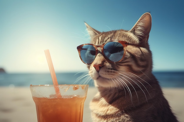 Un gatto che indossa occhiali da sole e beve un cocktail con una cannuccia.