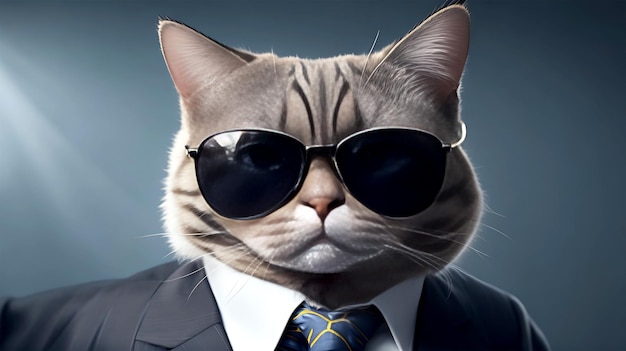 Un gatto che indossa occhiali da sole e un abito con cravatta