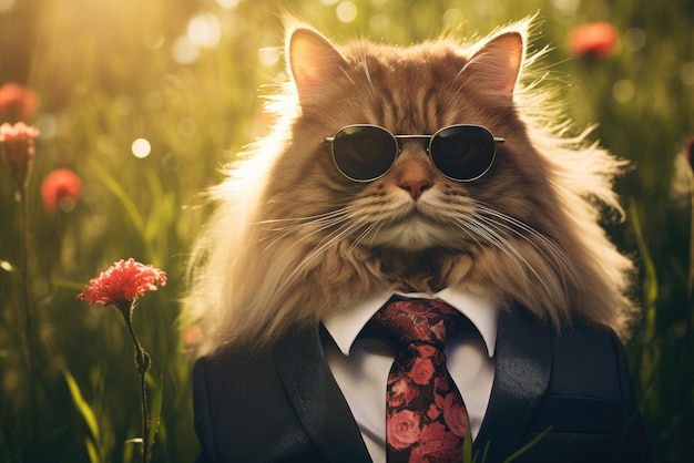 Un gatto che indossa occhiali da sole e un abito con una cravatta in natura