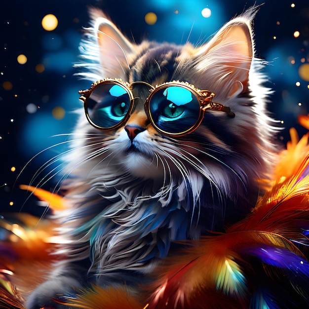 un gatto che indossa occhiali da sole e un paio di occhiali da giorno con un disegno colorato