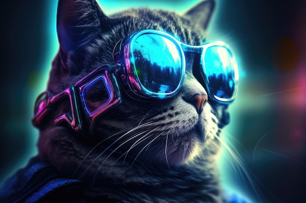 Un gatto che indossa occhiali da sole e una giacca con sopra la parola gatto.