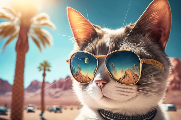 Un gatto che indossa occhiali da sole su una spiaggia di Las Vegas AI generativa