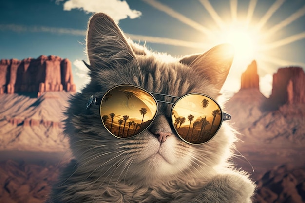 Un gatto che indossa occhiali da sole su una spiaggia IA generativa