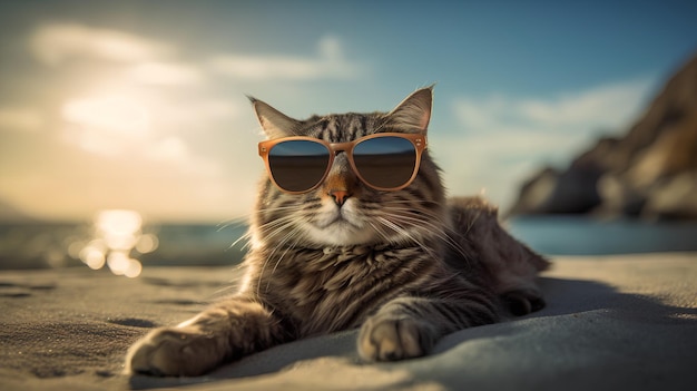 Un gatto che indossa occhiali da sole su una spiaggia