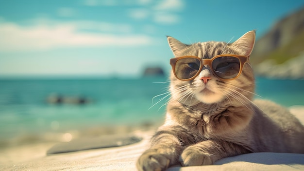 Un gatto che indossa occhiali da sole su una spiaggia