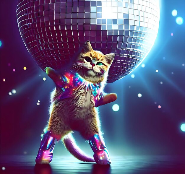 Un gatto che indossa un abito da discoteca in piedi sotto una palla da discoteca arte digitale