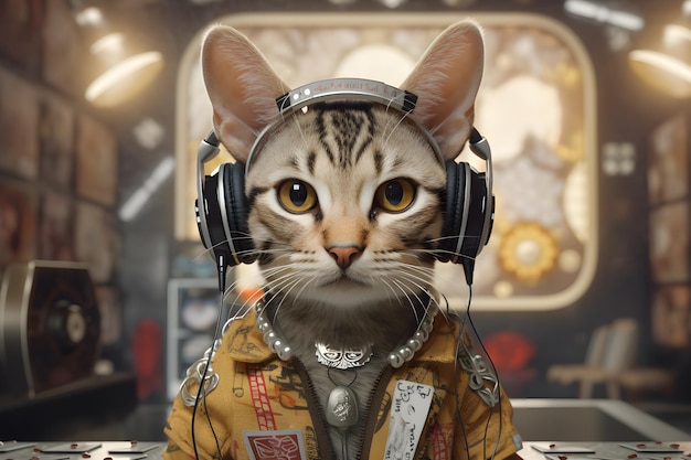 Un gatto che indossa un abito da Star Wars siede davanti a una stazione radio.