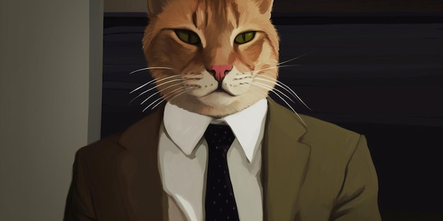 Un gatto che indossa un abito e una cravatta con la scritta "gatto"