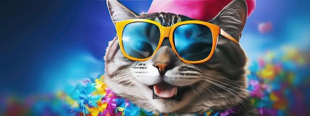 Un gatto che indossa un cappello colorato e occhiali da sole