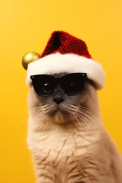 Un gatto che indossa un cappello da Babbo Natale e occhiali da sole