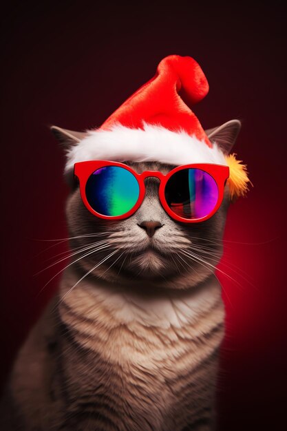 Un gatto che indossa un cappello da Babbo Natale e occhiali da sole