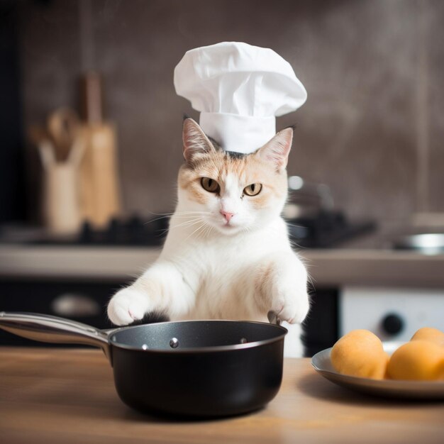 Un gatto che indossa un cappello da cuoco si trova davanti a una padella con sopra una padella.