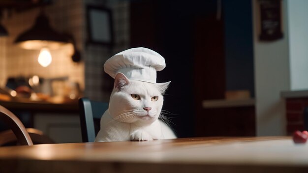 Un gatto che indossa un cappello da cuoco siede a un tavolo.