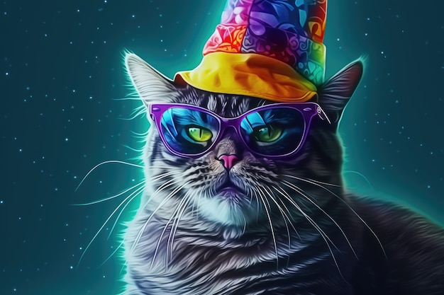 Un gatto che indossa un cappello da festa e un cappello da festa