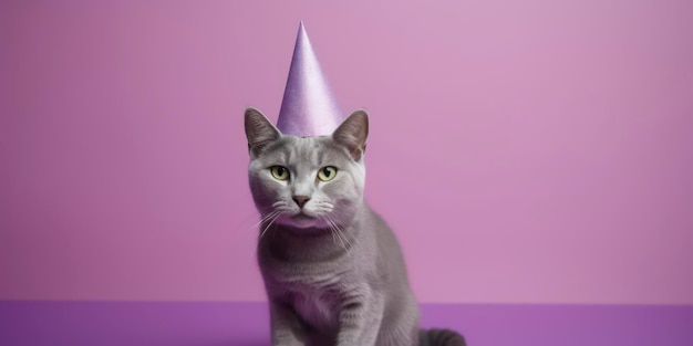 Un gatto che indossa un cappello da festa siede su uno sfondo viola.