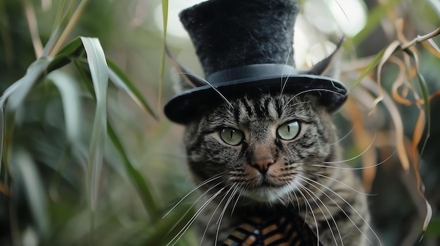 Un gatto che indossa un cappello è seduto in un giardino verde lussureggiante Il gatto sta guardando la telecamera con un'espressione curiosa