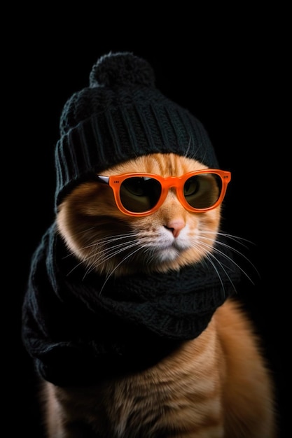 Un gatto che indossa un cappello, una sciarpa e occhiali da sole
