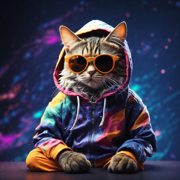 Un gatto che indossa un cappuccio e occhiali da sole