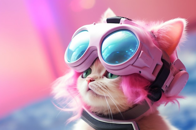 Un gatto che indossa un casco con i capelli rosa.